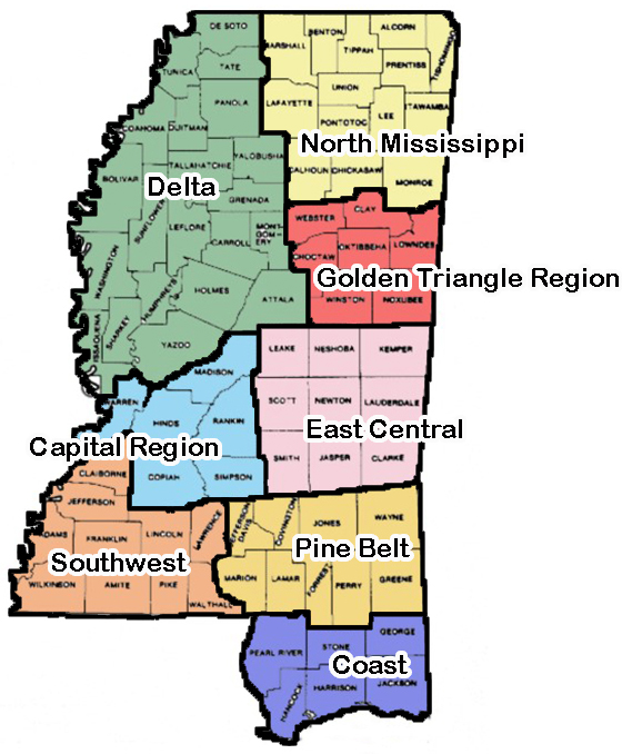 Map of Mississippi divided up by regions
