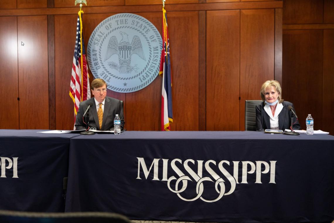 Senator Hyde-Smith listens to a media question during Governor Tate Reeves’ daily COVID-19 briefing. (April 29, 2020)