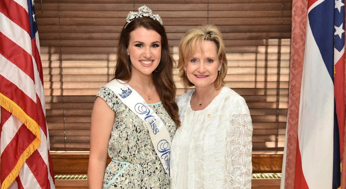 Senator Hyde-Smith visits with 2017 Miss Hospitality Emma Grace McGrew of Booneville