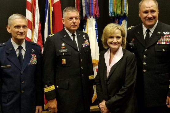 Senator Hyde-Smith joins Maj. Gen. William Hill, Maj. Gen. Janson D. Boyles, and Rep. Trent Kelly at the Mississippi National Guard Convention in Biloxi