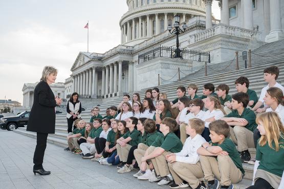 Senator Hyde-Smith answers questions outside the Senate from 5th and 6th grade students from the Presbyterian Day School in Cleveland. (March 2, 2022)