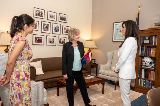 Senator Hyde-Smith prepares to present Penny Nance, CEO and President of Concerned Women for America, with a copy of her Congressional Record statement recognizing April as “Faith Month.” (April 26, 2022)