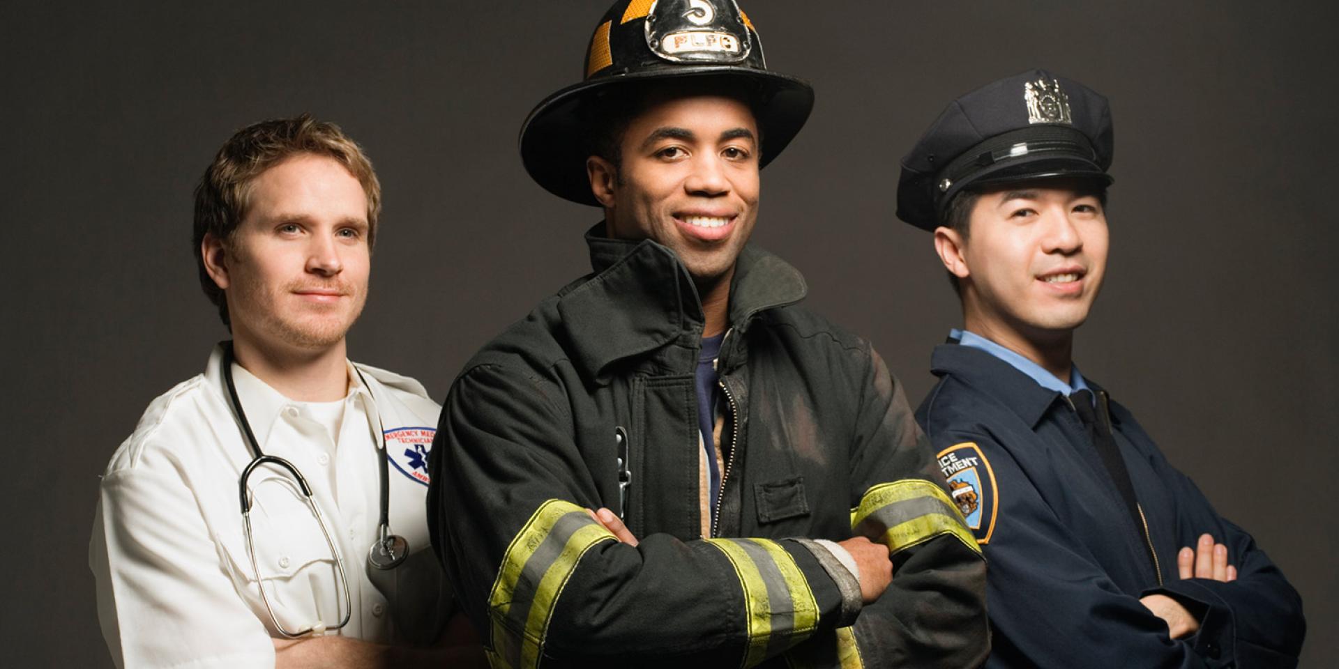 Photo of a doctor, fireman, and policeman